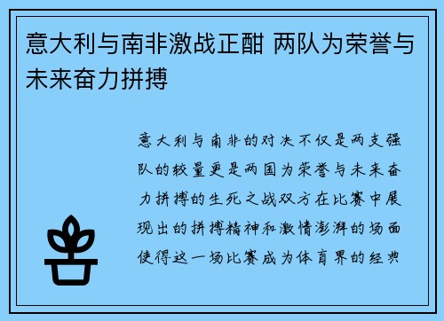 意大利与南非激战正酣 两队为荣誉与未来奋力拼搏